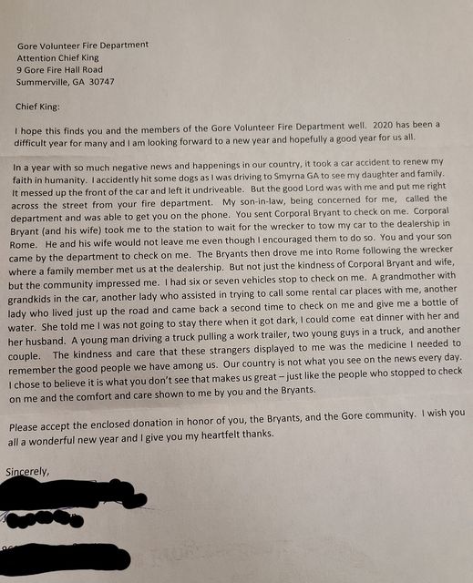 Gore Fire Department Receives Letter From Grateful Motorist AM 1180 Radio