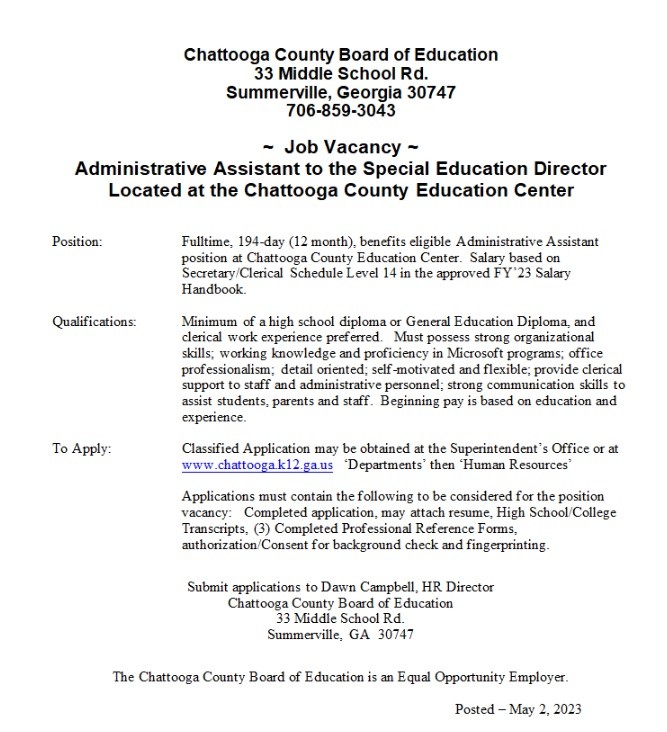 Chattooga School System Posts Job Opening AM 1180 Radio