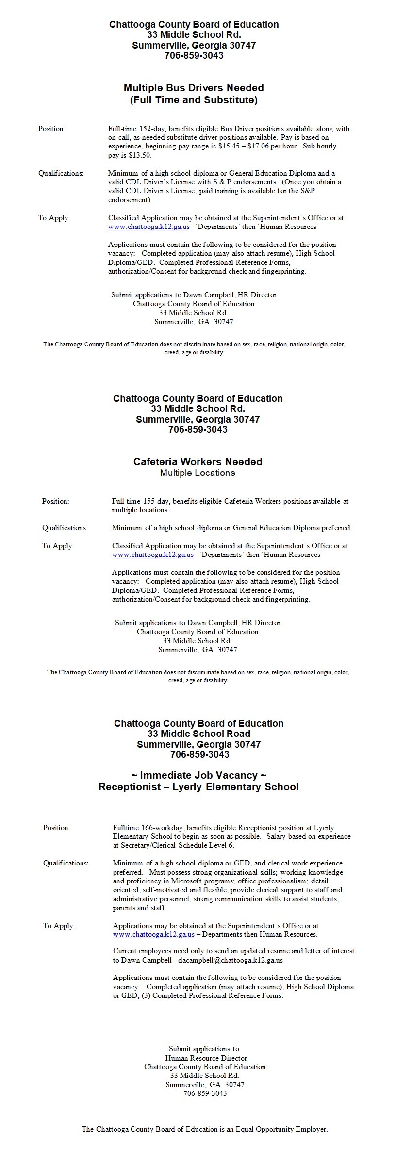 Chattooga School System Has Several Job Vacancies AM 1180 Radio