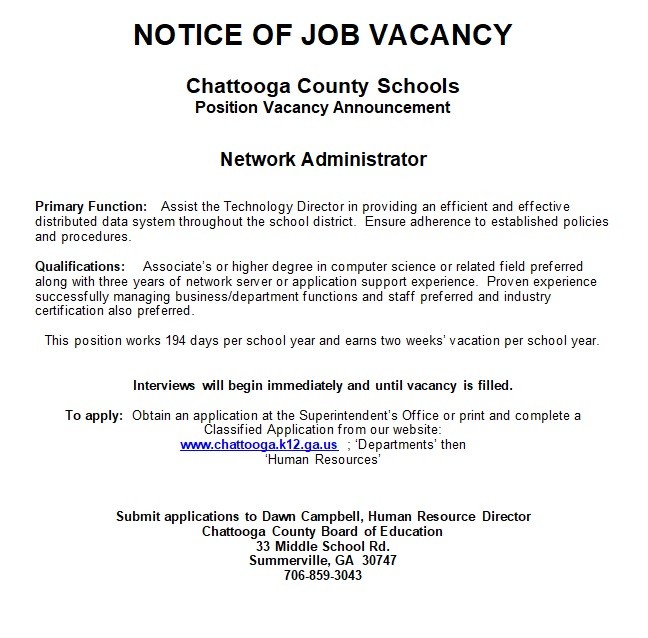 Chattooga Schools Job Vacancy AM 1180 Radio