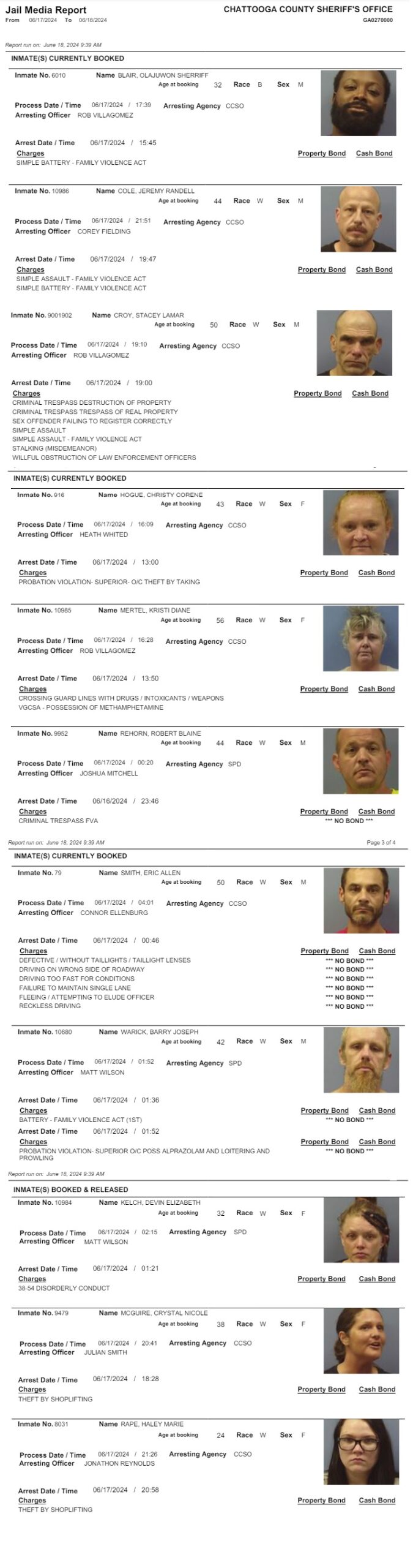 Arrest Report Tuesday June 18, 2024 AM 1180 Radio